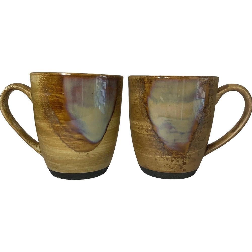 Sango Splash Set of 2 Brown Drip Glazed Swirl Coffee Mugs/Cups 4951 4 inches